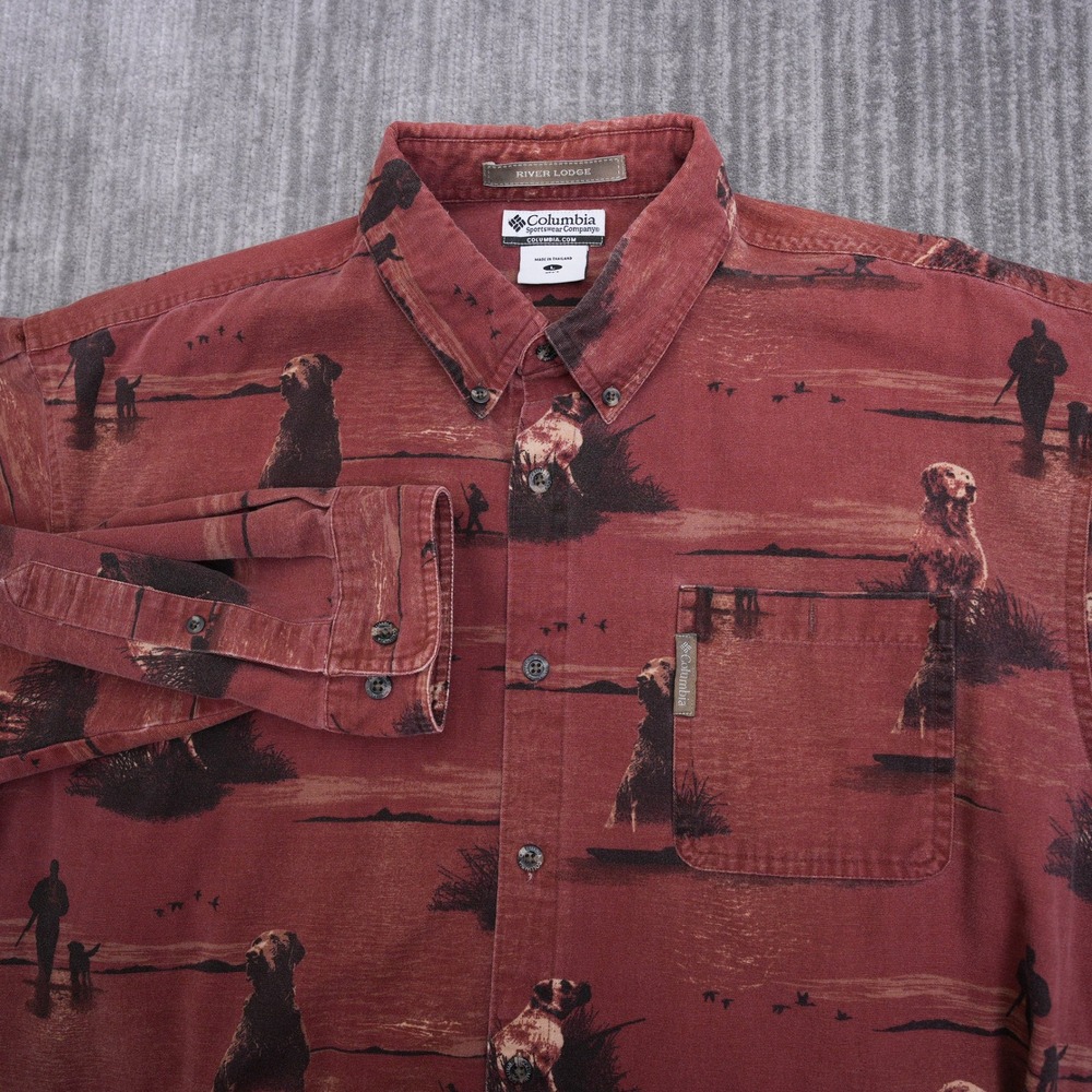 Columbia River Lodge Mens Large Red Hunting Dog Print Canvas Button Down Shirt